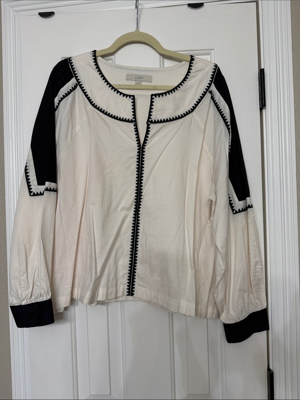 LOFT Cream shirt with Black Trim and Embroidered Edge